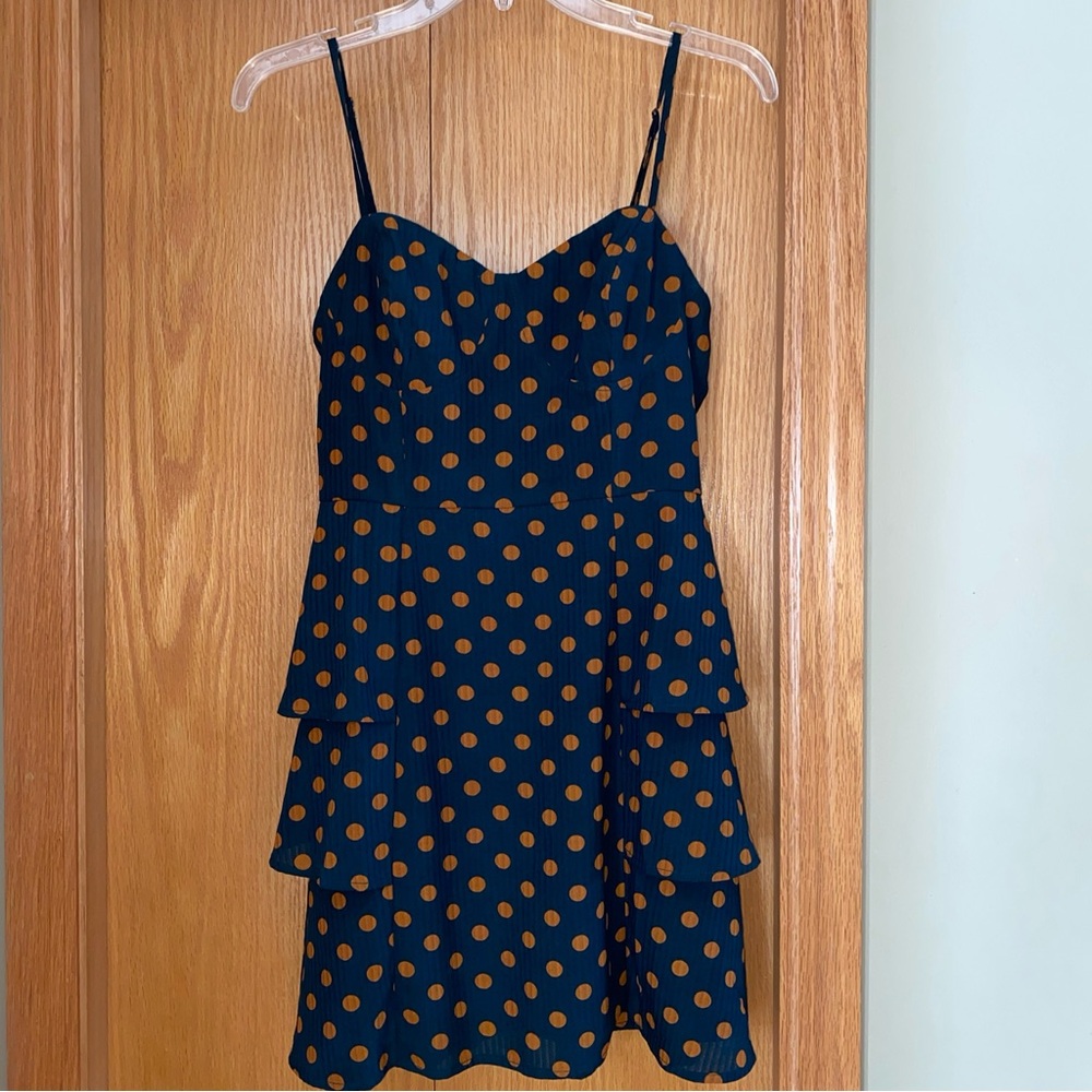 LUSH Spaghetti Strap Mini Dress Size Medium Polka Dots Ruffle Sleeveless Green